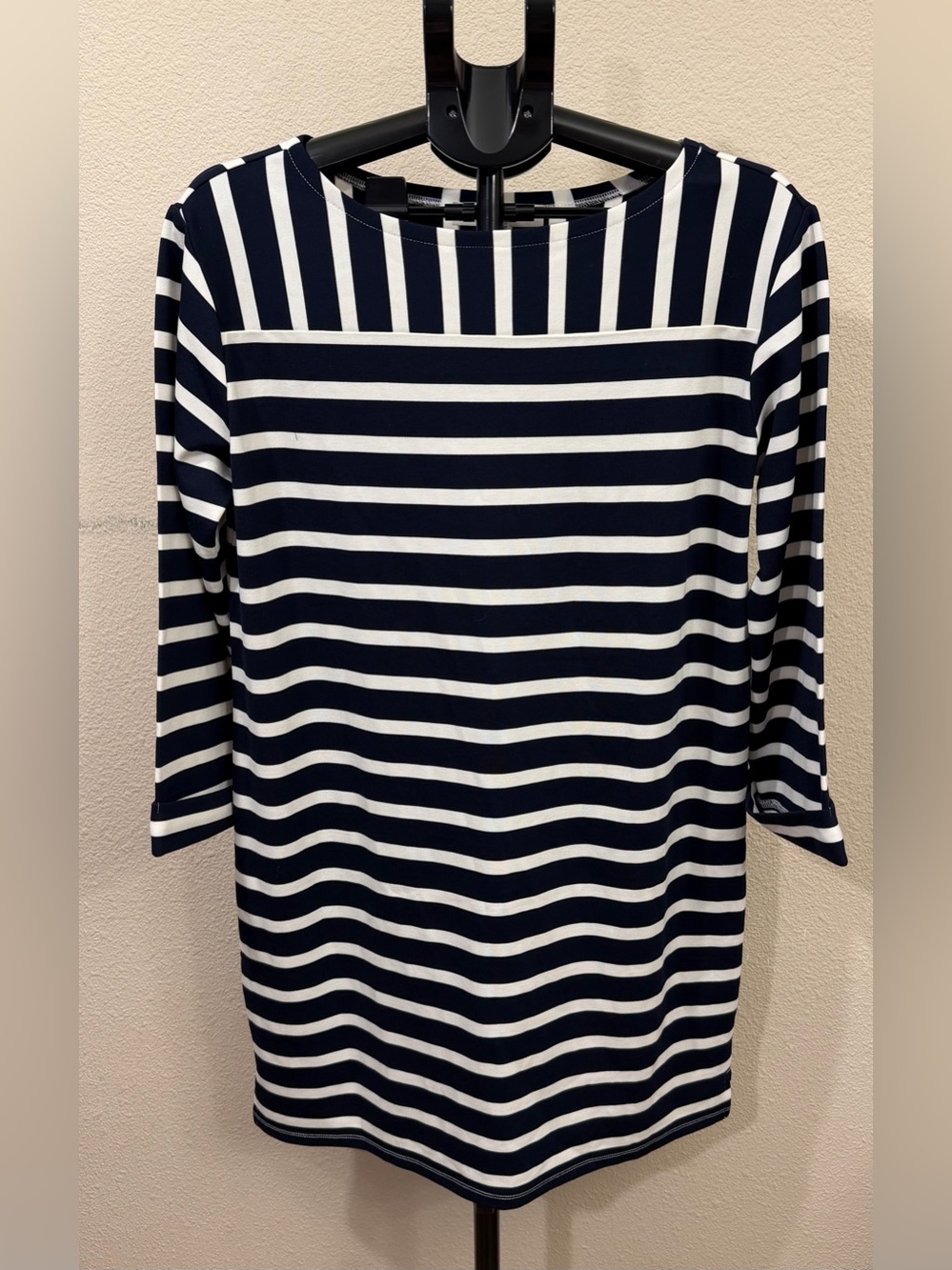 LOFT Navy & White Striped Boatneck Shift Dress 3/4 Sleeve | Nautical Coastal M